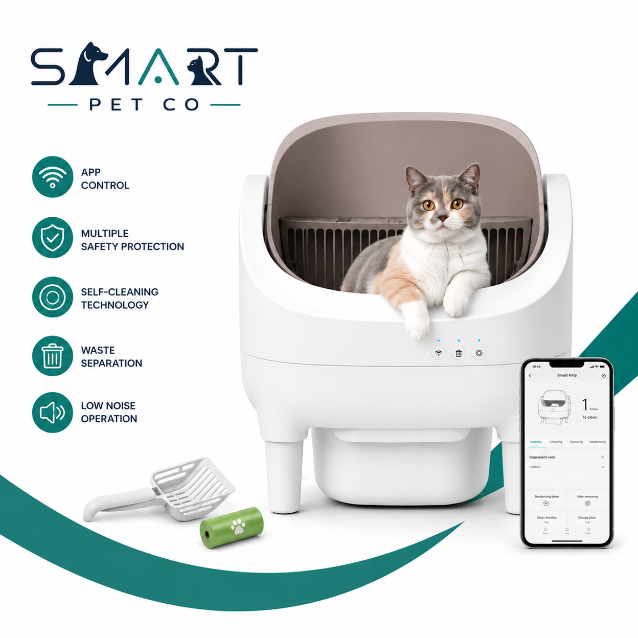 Smart pet litter box with a cat inside, app control features, and accessories on a white background.