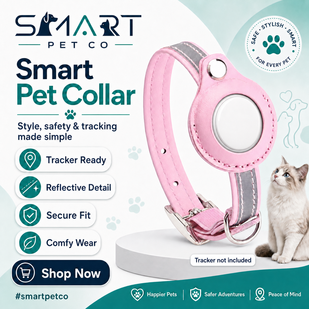 Pink Reflective Leather Cat Collar