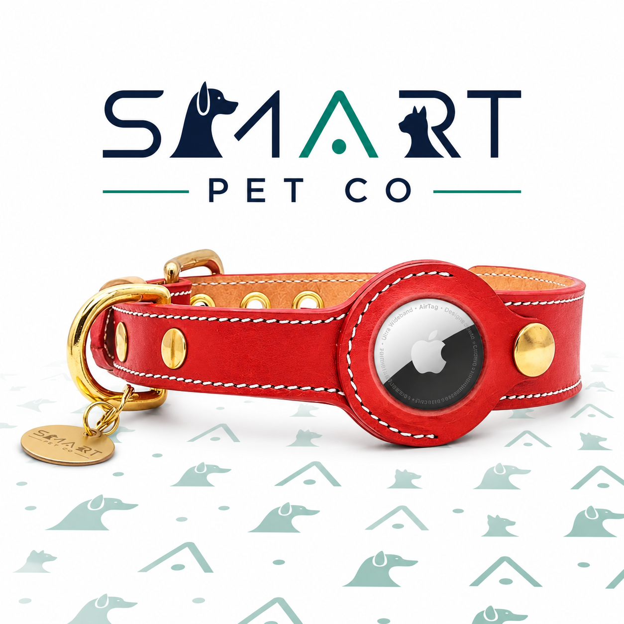 Luxury Red Leather Dog Collar with AirTag Pocket