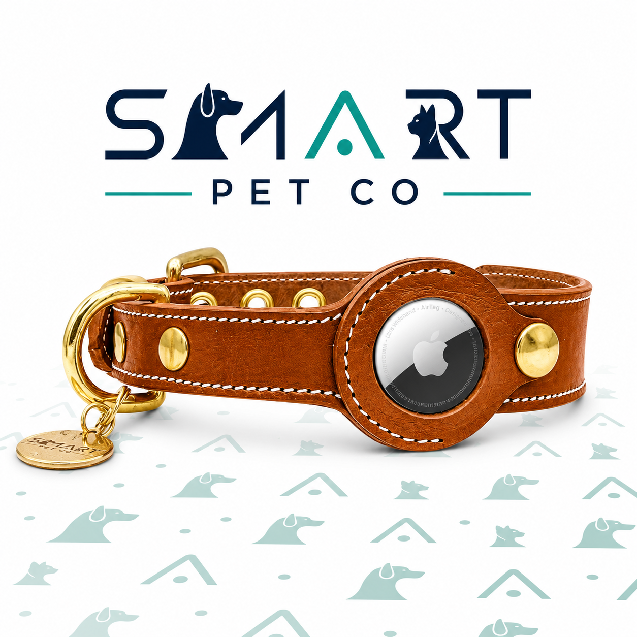 Luxury Leather Dog Collar with AirTag Pocket - Brown