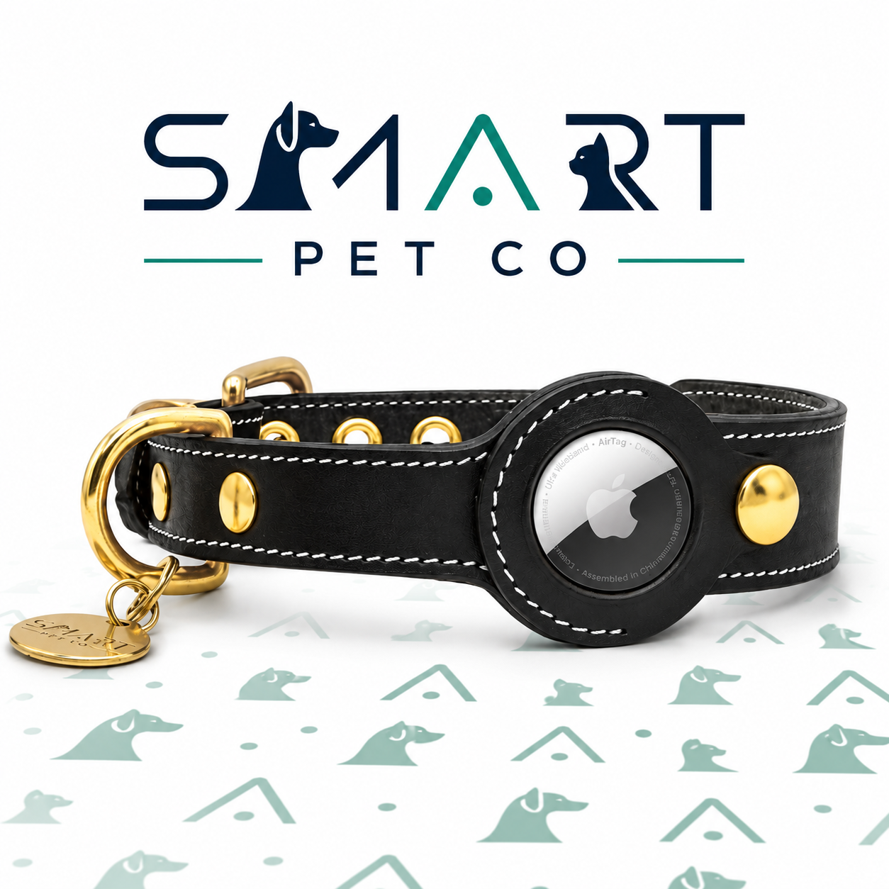 Luxury Leather Dog Collar with AirTag Pocket - Black