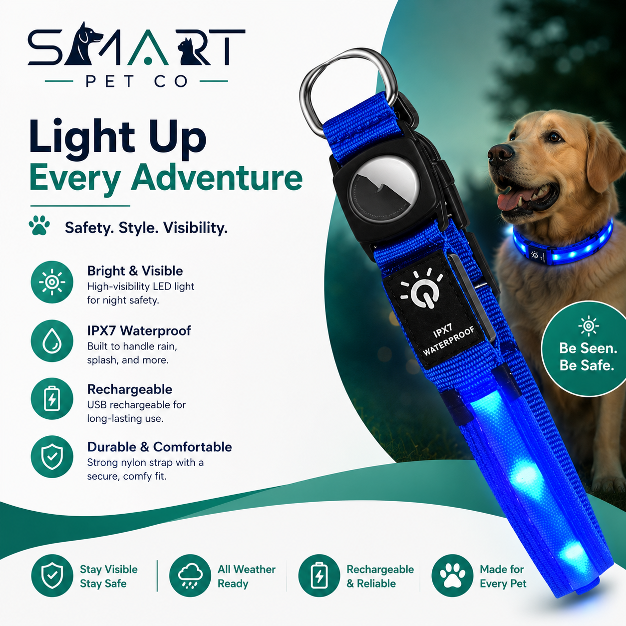 Waterproof LED Dog Collar with Airtag Pocket
