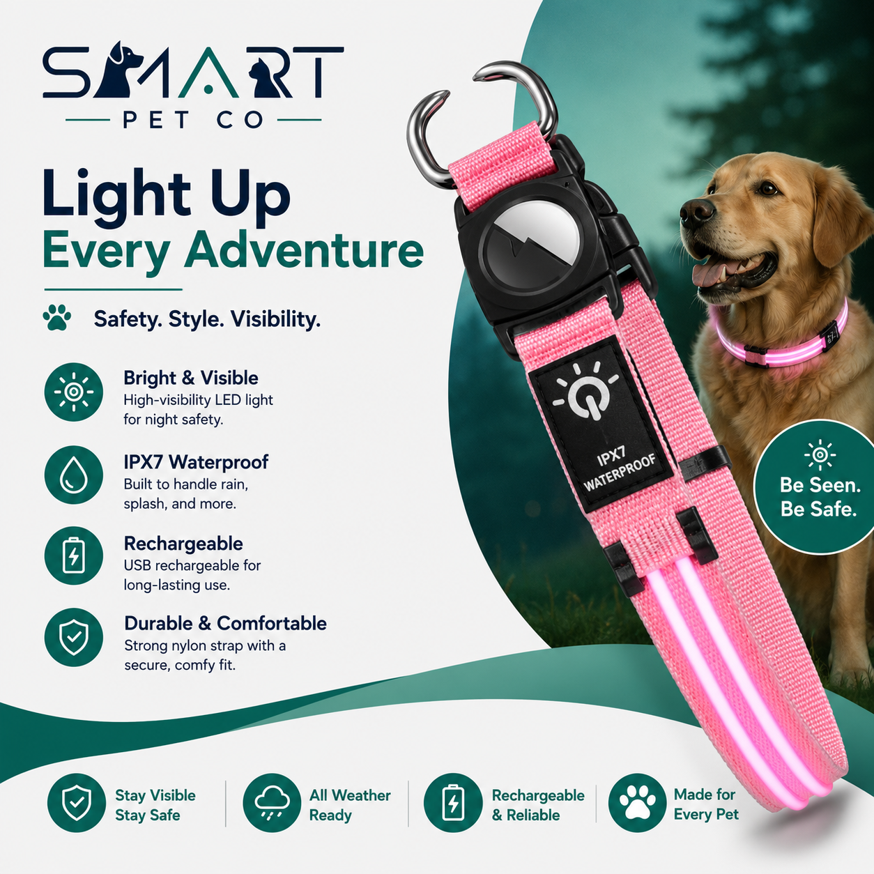 Waterproof LED Dog Collar - Pink