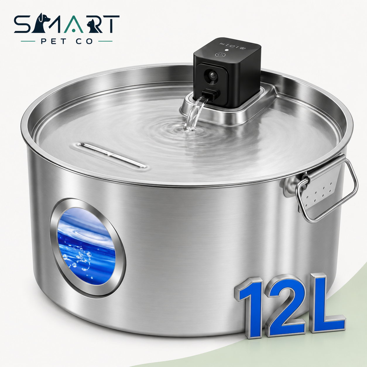 Stainless steel water bowl with a water dispenser labeled '12L' by Smart Pet Co.