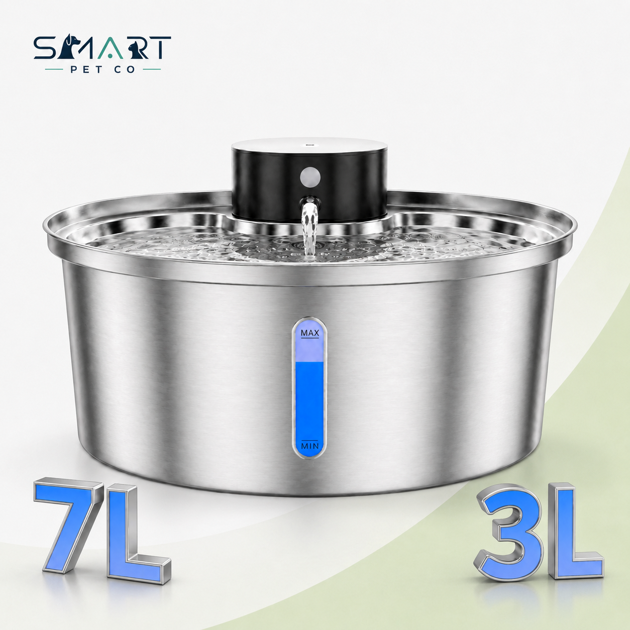 Stainless steel pet water fountain with digital display on a light background, branded 'Smart Pet Co'.