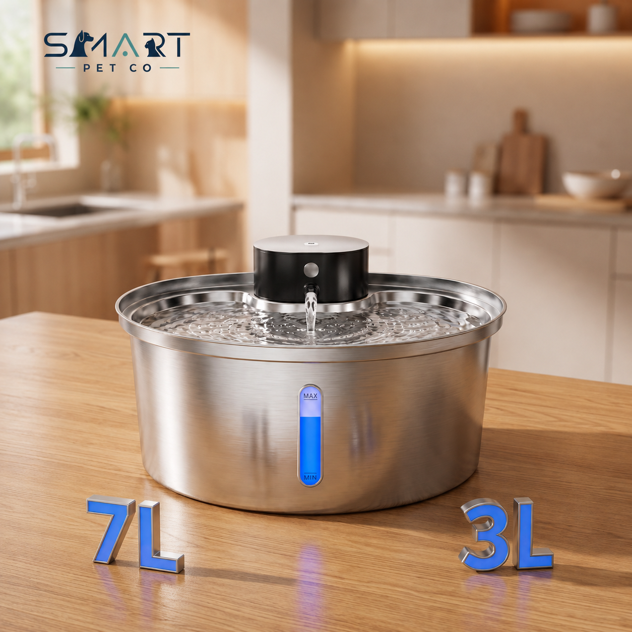 A stainless steel pet water fountain with a black top pump housing water, placed on a wooden table in a blurred kitchen setting. Blue 3L and 7L text overlays appear near the base, and the Smart Pet Co logo is shown in the upper left.