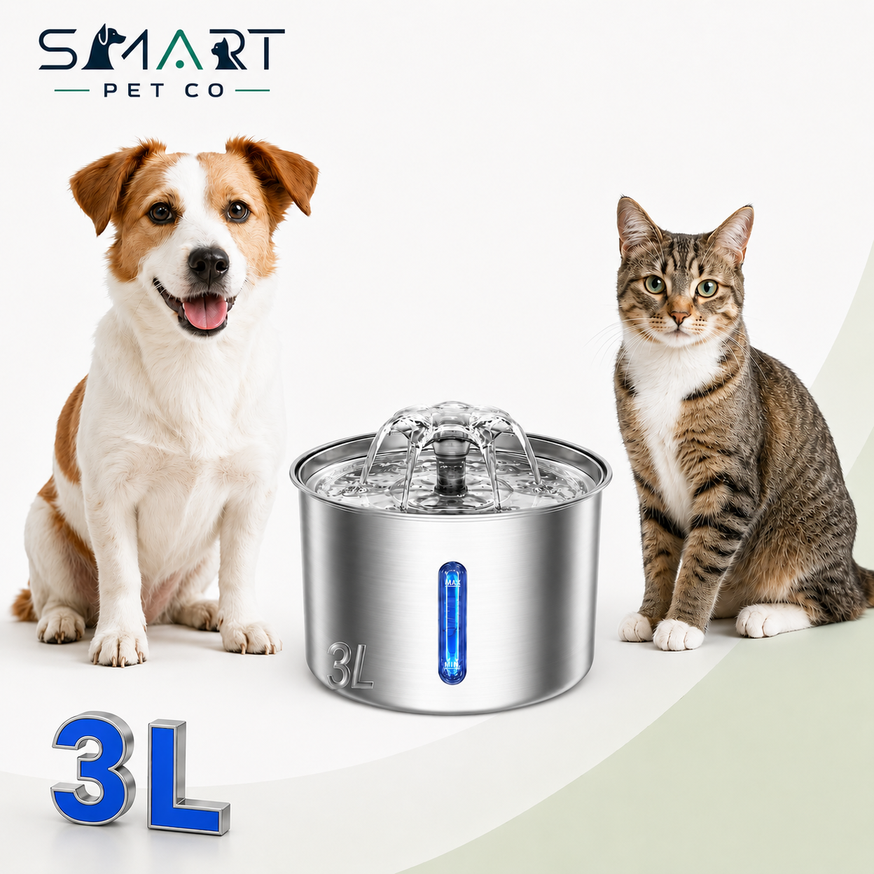 Dog and cat sitting next to a pet water fountain with 'Smart Pet Co' branding.