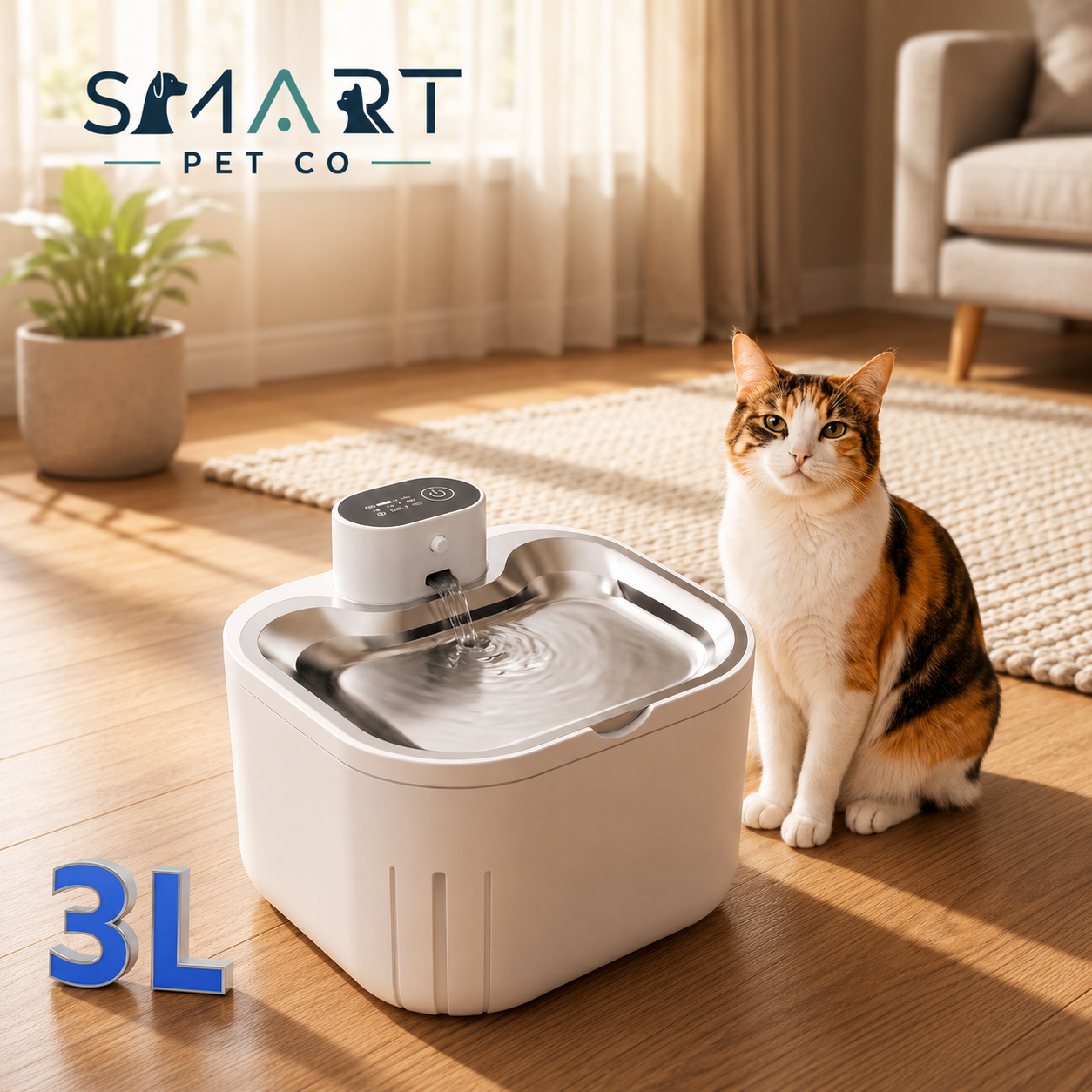 A 3L smart pet water fountain by Smart Pet Co with a calico cat sitting beside it on a wooden floor in a bright living room.
