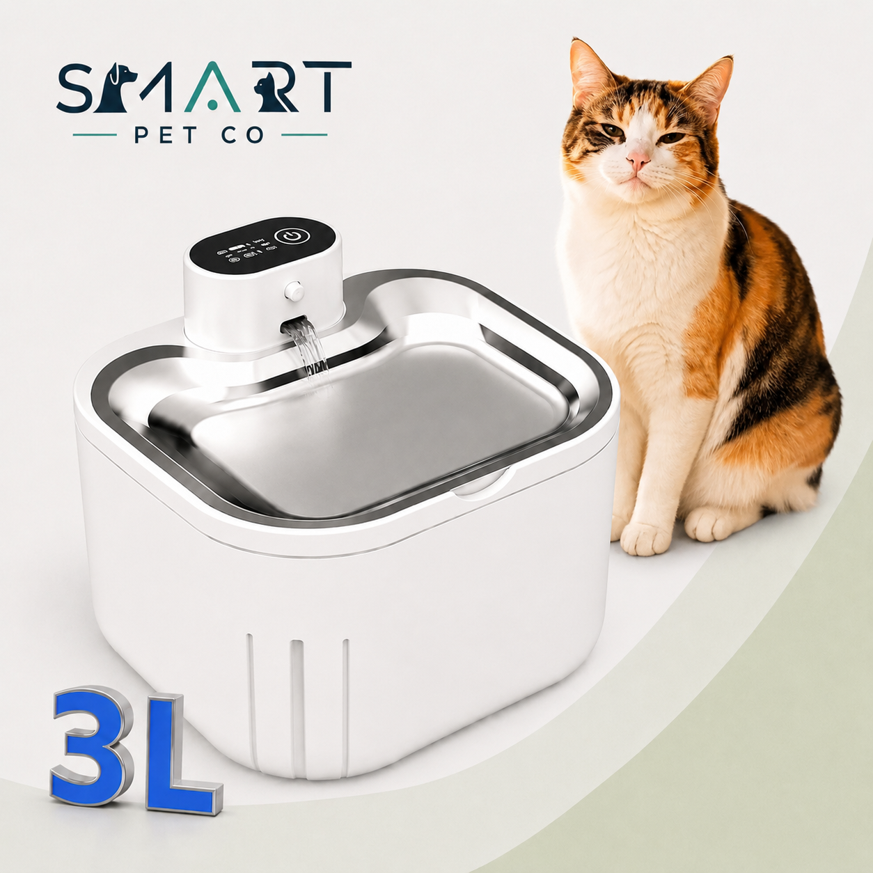A 3L pet water fountain with a white body and stainless steel bowl, shown next to a calico cat on a light background with the SMART PET CO logo.