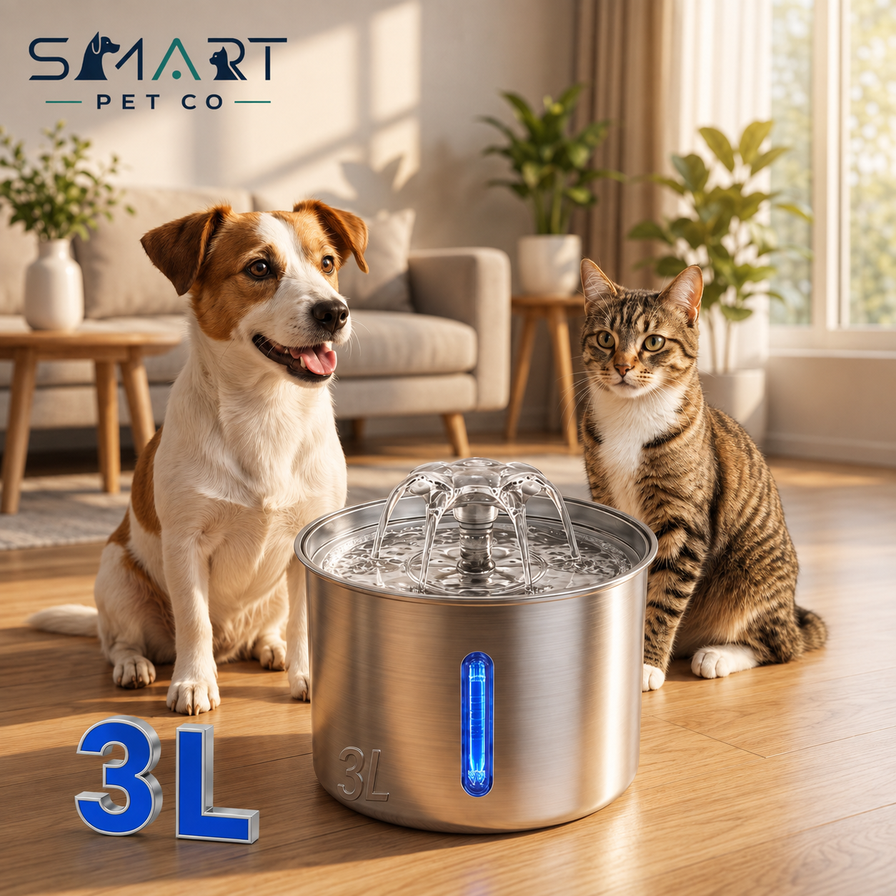 A stainless steel pet water fountain with a blue illuminated vertical stripe, shown on a wooden floor in a bright living room with a dog on the left and a cat on the right. The Smart Pet Co logo appears in the top left, and '3L' is displayed in large blue text at the bottom left.