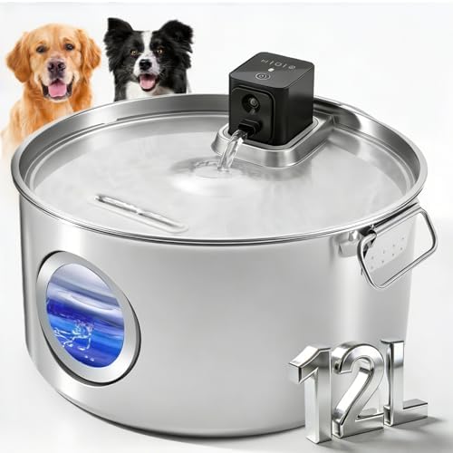 Large Dog Water Fountain 12L/3.2Gal, Wireless Stainless Steel Pet Fountain for Large Dogs and Multi-Pets Families, with Water Level Window, Super Quiet, for S-L Dogs and Multi-Pet, Easy to Clean