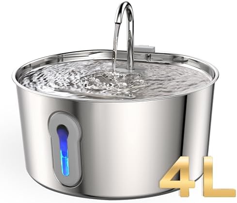 Cat Water Fountain Stainless Steel - 135oz/4L Pet Fountain for Cats/Dog Indoor - Quiet Cats/Dog Bowl Dispenser - Pets Feeding & Watering Supplies - for Small Animals (4L cat Water fountain)