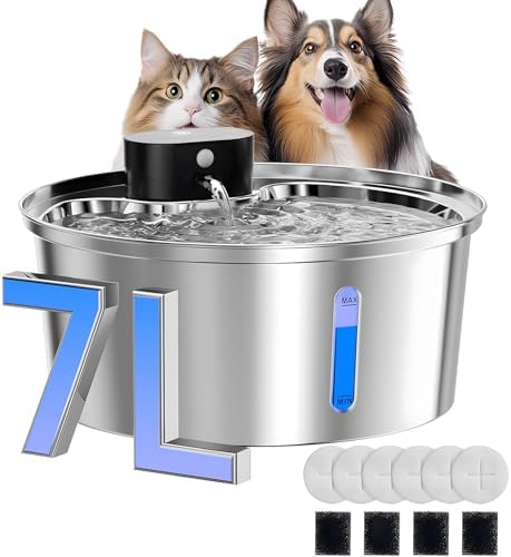 7L Wireless Cat Water Fountain Stainless Steel, 5000mAh Rechargeable Battery Operated Cat Water Dispenser, Cordless Pet Water Fountain for Dogs with Motion Sensor, Pump, Multi-Filtration with 6 Filters