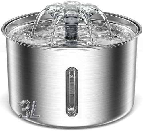 Cat Water Fountain: 3L Stainless Steel Pet Drinking Fountain for Cats Dogs, Pet Water Dispenser with Replacement Filters | Quiet Multi-Flow Design | Clear Level Window | Pet Feeding & Watering Supplies