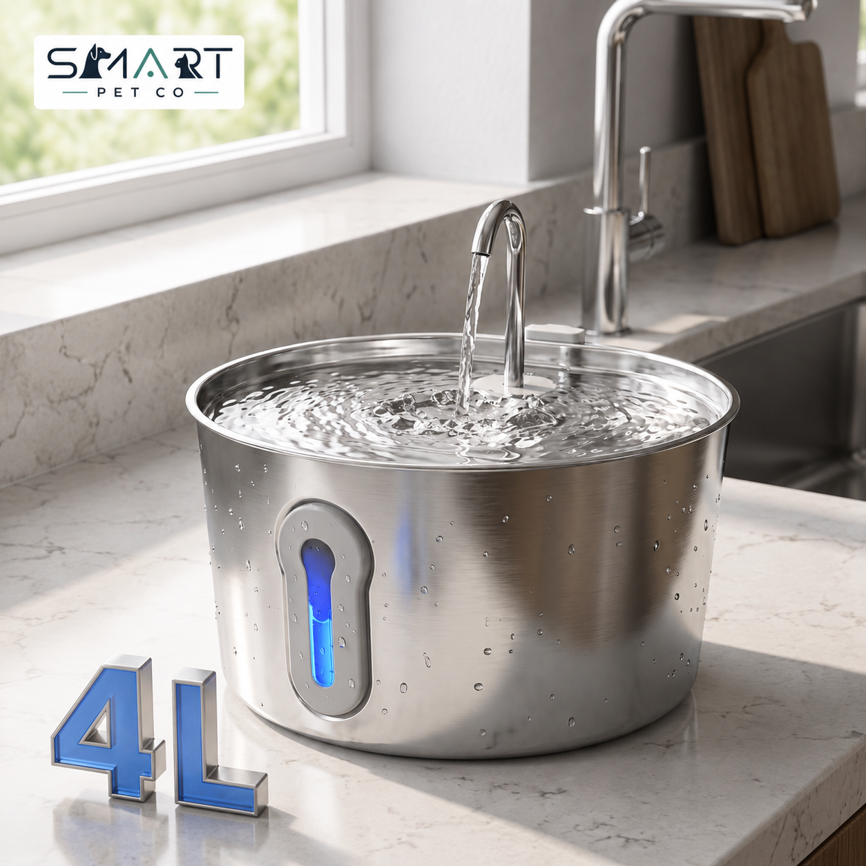 A stainless steel pet water bowl on a kitchen countertop with water flowing into it from a faucet. The bowl has a blue illuminated level window, and the background shows a sink, faucet, and window.