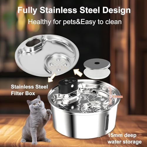 7L Wireless Cat Water Fountain Stainless Steel, 5000mAh Rechargeable Battery Operated Cat Water Dispenser, Cordless Pet Water Fountain for Dogs with Motion Sensor, Pump, Multi-Filtration with 6 Filters