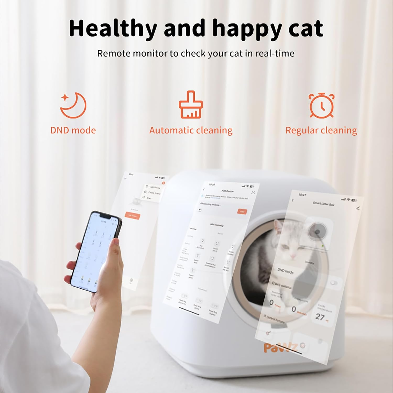 PaWz Smart Cat Litter Box Automatic Self-Cleaning with App Remote Control, Extra Large 60L Cat Litter Tray with Aromatherapy Gel,1 Roll Waste Bag, Robotic Kitty Toilet Boxes White, Large Space