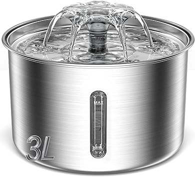 Cat Water Fountain: 3L Stainless Steel Pet Drinking Fountain for Cats Dogs, Pet Water Dispenser with Replacement Filters | Quiet Multi-Flow Design | Clear Level Window | Pet Feeding & Watering Supplies