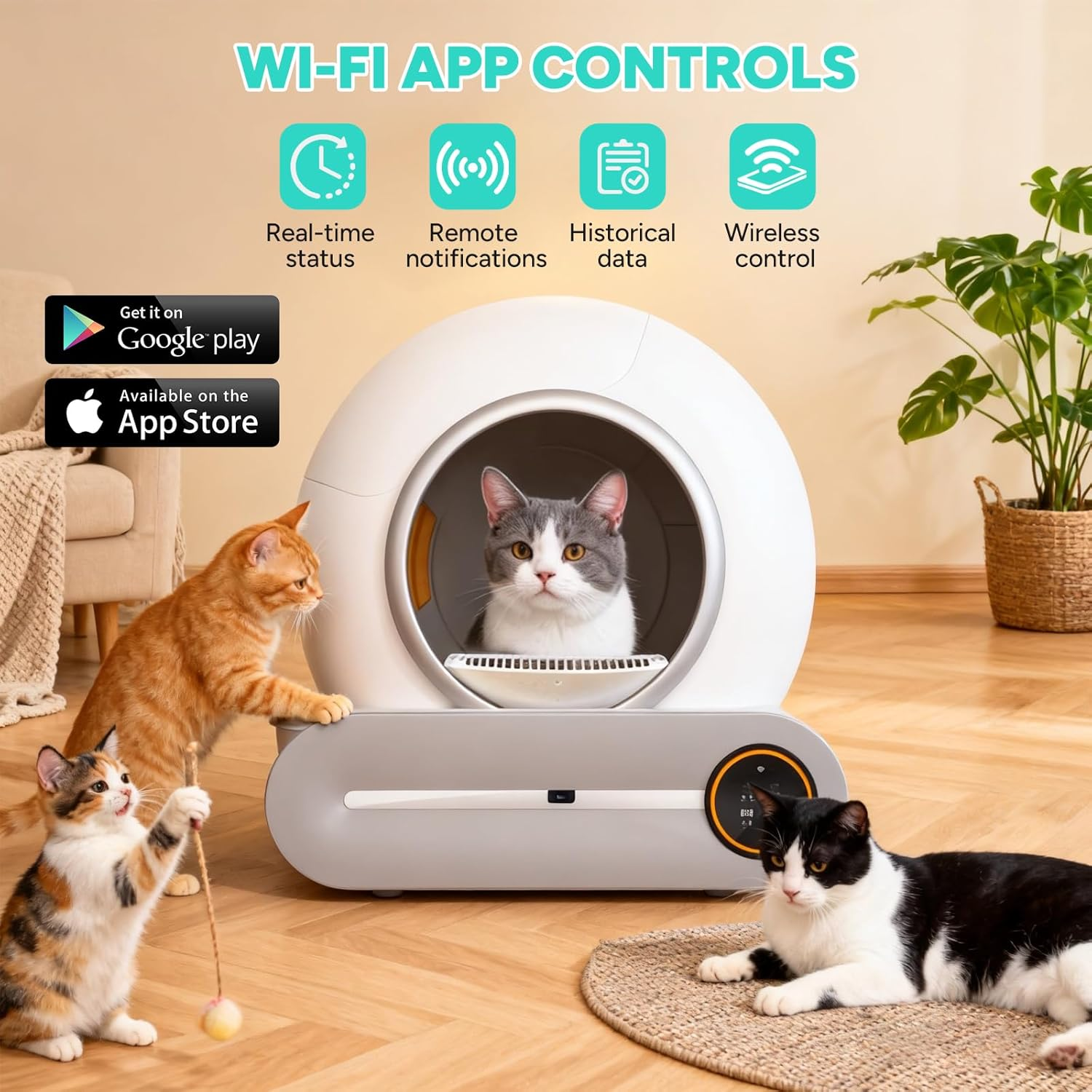 Furever Love Automatic Self-Cleaning Cat Litter Box with APP Control, Odor-Free Waste Disposal, Extra-Large 65L+9L Capacity, Robot Litter Box with Trash Bags and Flappy Bird Toy