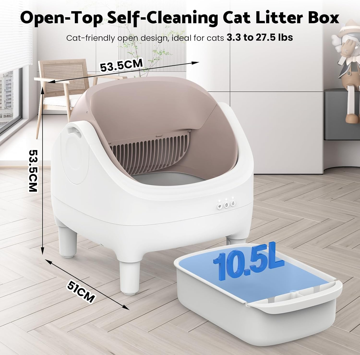 Advwin Self Cleaning Litter Box, Open Top Design Automatic Cat Litter Box with App Control, Safety Protection, 10.5L Large Waste Bin, Includes Trash Bags and Litter Mat