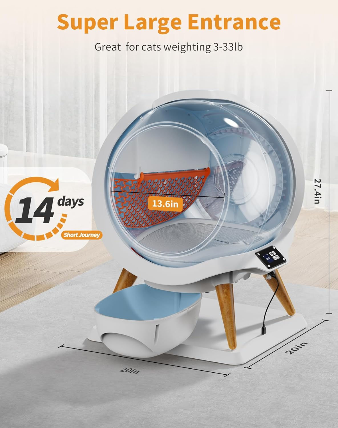 HoneyGuaridan Self Cleaning Cat Litter Box, Automatic Cat Litter Box for Multiple Cats, Water Rinsable and Easy to Clean, APP Control, Integrated Safety Protection, 2 Roll Garbage Bags