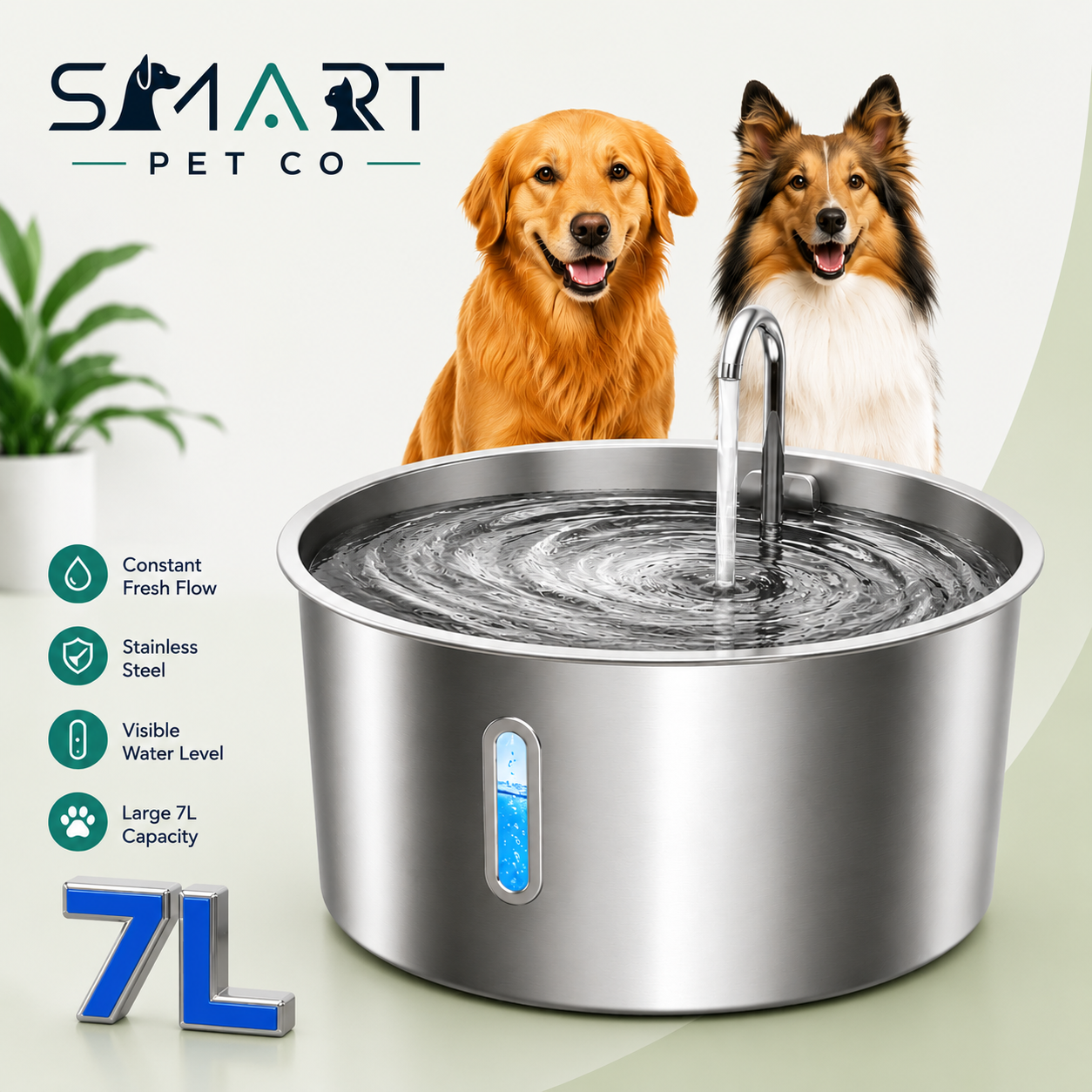 Smart Pet Co stainless steel pet water fountain with two dogs and product features on a light background