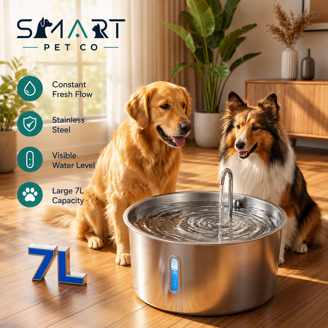 A large stainless steel pet water fountain with running water sits on a wooden floor in a bright living room, with two dogs sitting beside it. The image includes marketing text and icons for constant fresh flow, stainless steel, visible water level, and large 7L capacity, plus the SMART PET CO brand logo.