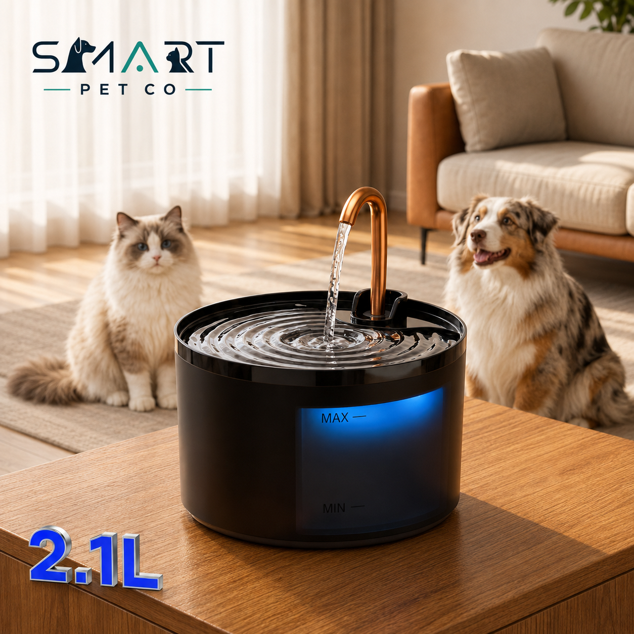 Cat Water Fountain 2.1L – Black | Brass Faucet, Dual Filtration, LED