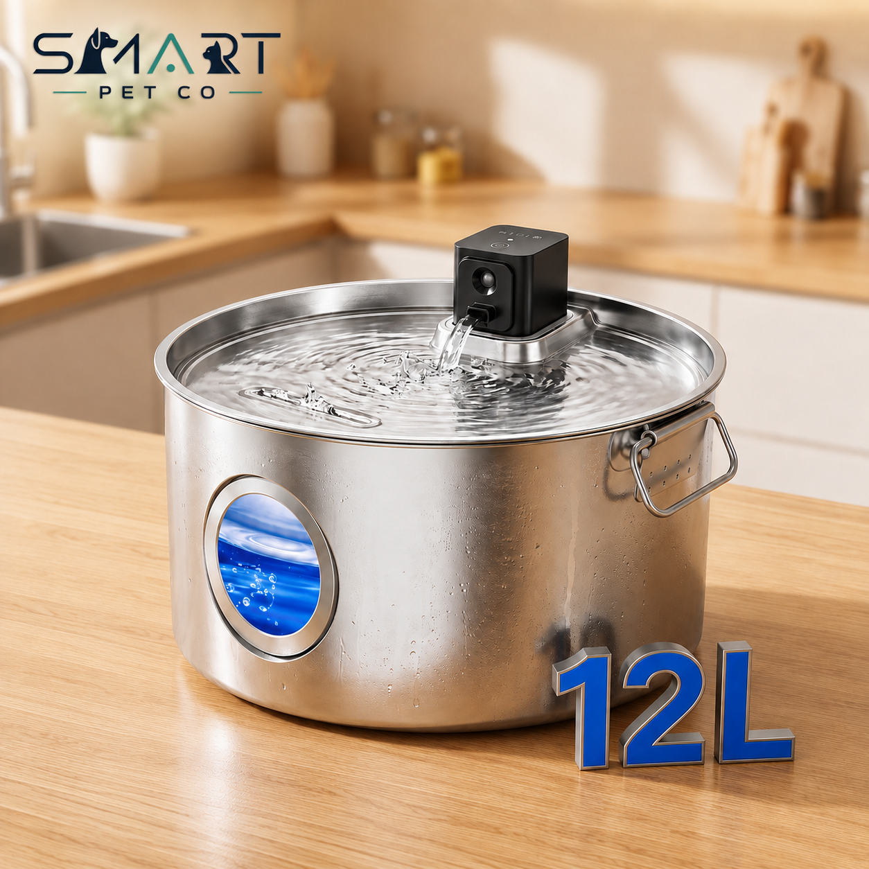 A stainless steel pet water fountain pot with a clear lid, water fountain spout, side handle, and circular window, shown on a wooden kitchen counter. The brand logo 'SMART PET CO' is visible in the top left, and '12L' is displayed in blue text at the bottom right.