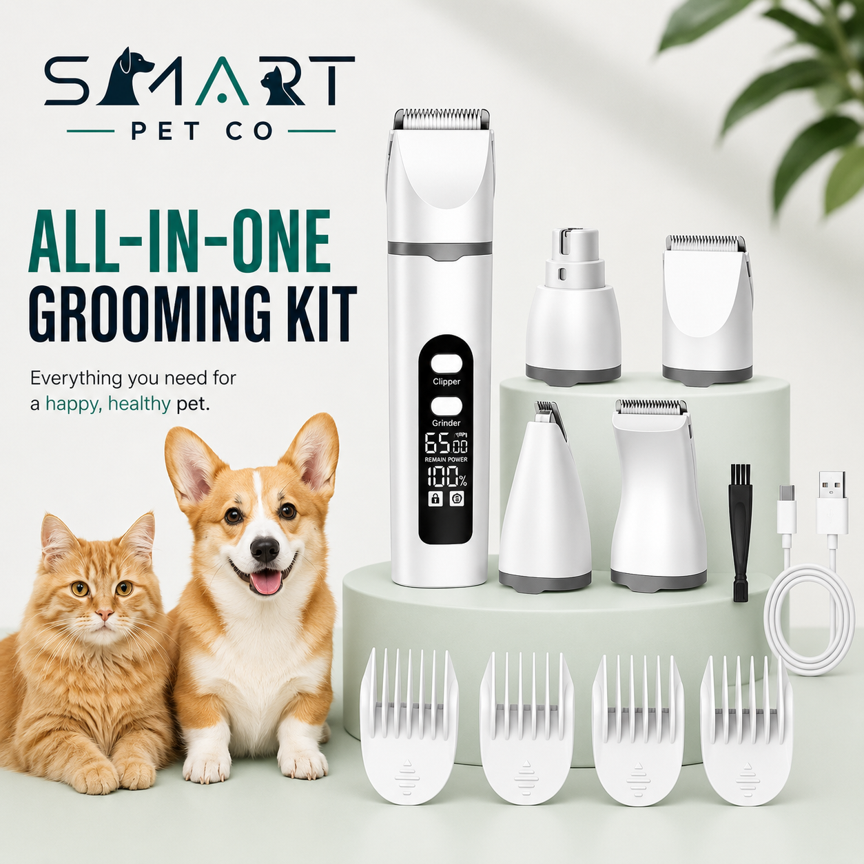 Pet Hair Clipper and Nail Grinder Kit Electric Dog Cat Grooming Trimmer with Multiple Heads and Digital Display