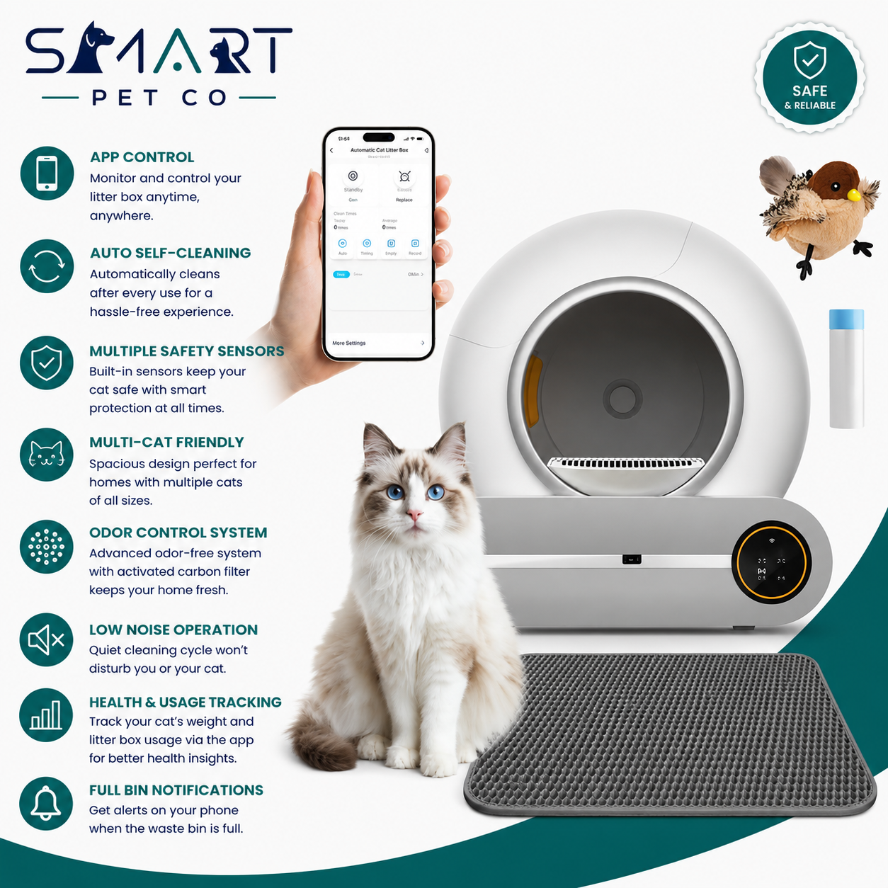Furever Love Automatic Self-Cleaning Cat Litter Box with APP Control, Odor-Free Waste Disposal, Extra-Large 65L+9L Capacity, Robot Litter Box with Trash Bags and Flappy Bird Toy