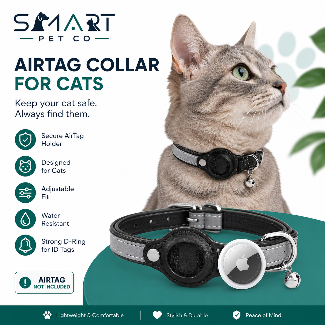 Reflective Leather Cat Collar - Black