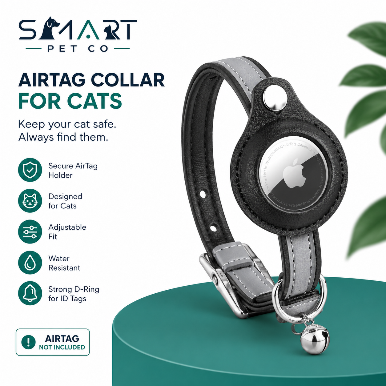 Reflective Leather Cat Collar - Black