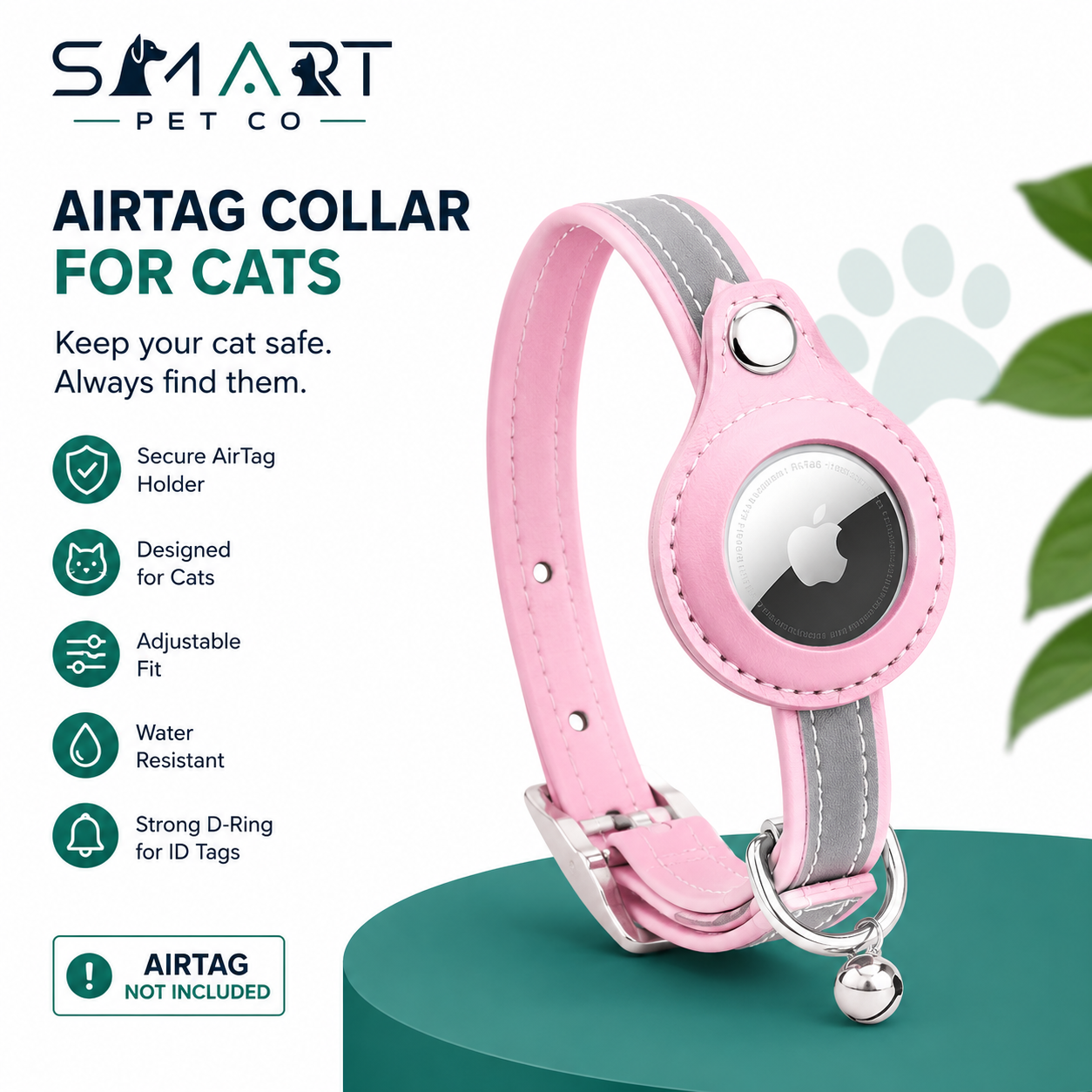 Pink Reflective Leather Cat Collar