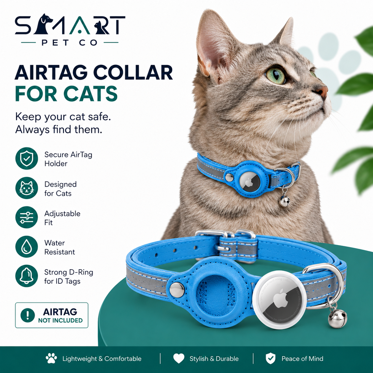 Reflective Leather Cat Collar for Airtag