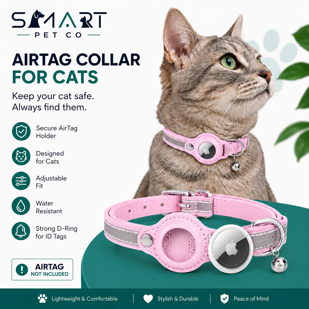 Pink Reflective Leather Cat Collar
