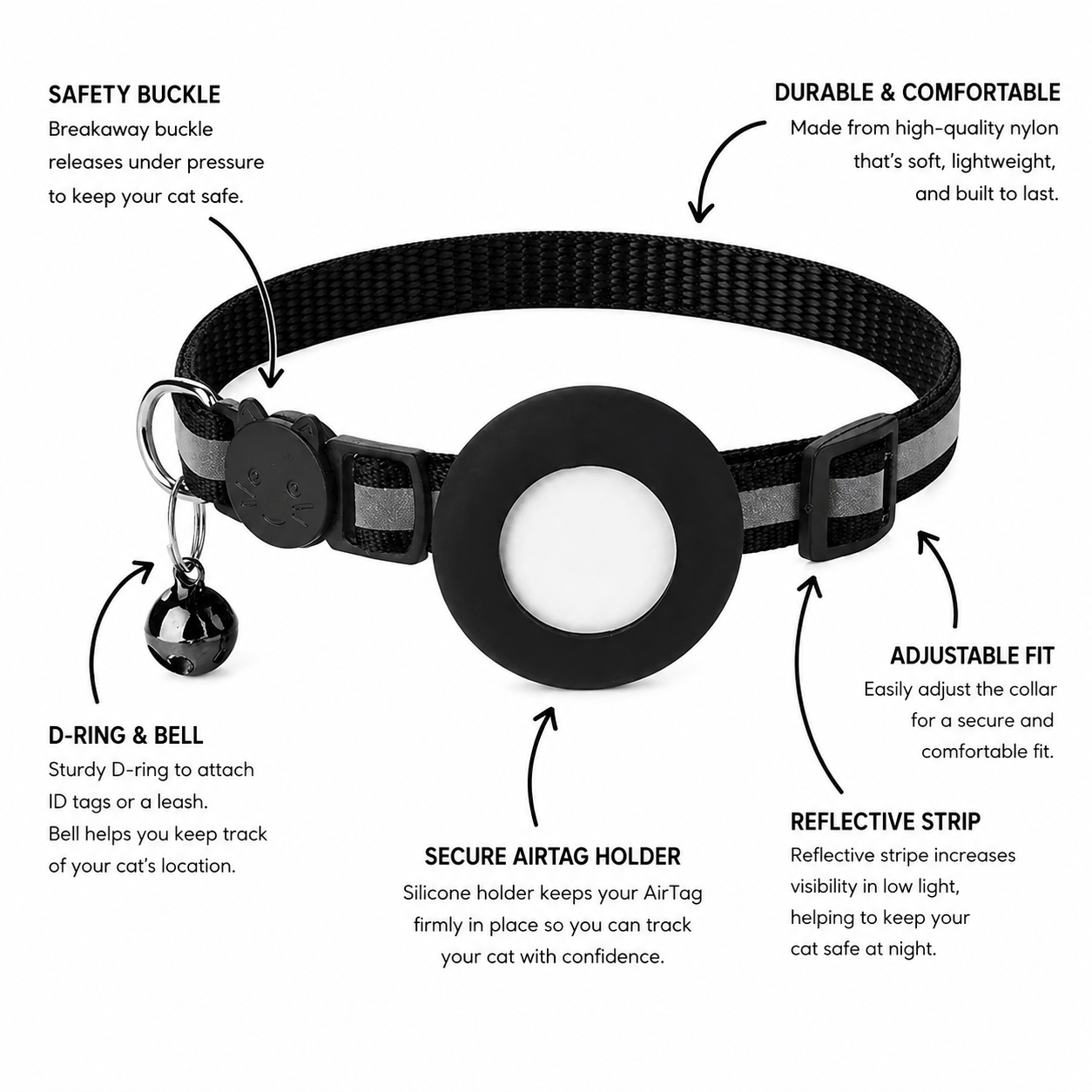 Reflective Waterproof Cat Collar - Black