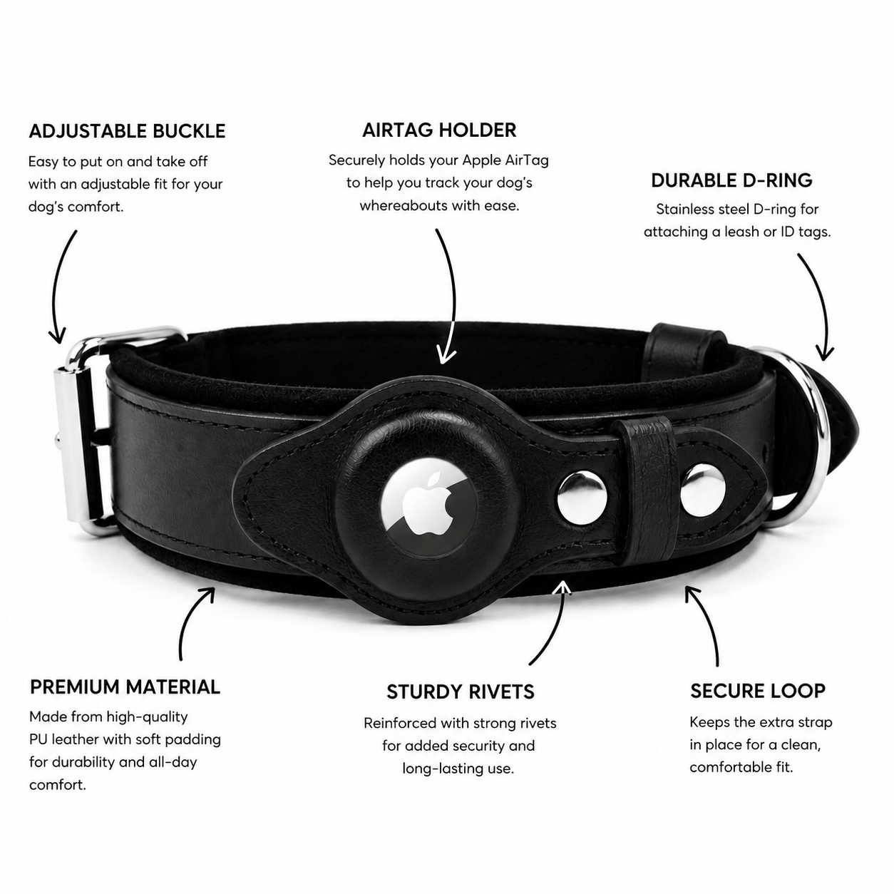 Heavy Duty Black Leather Dog Collar with Airtag Pocket
