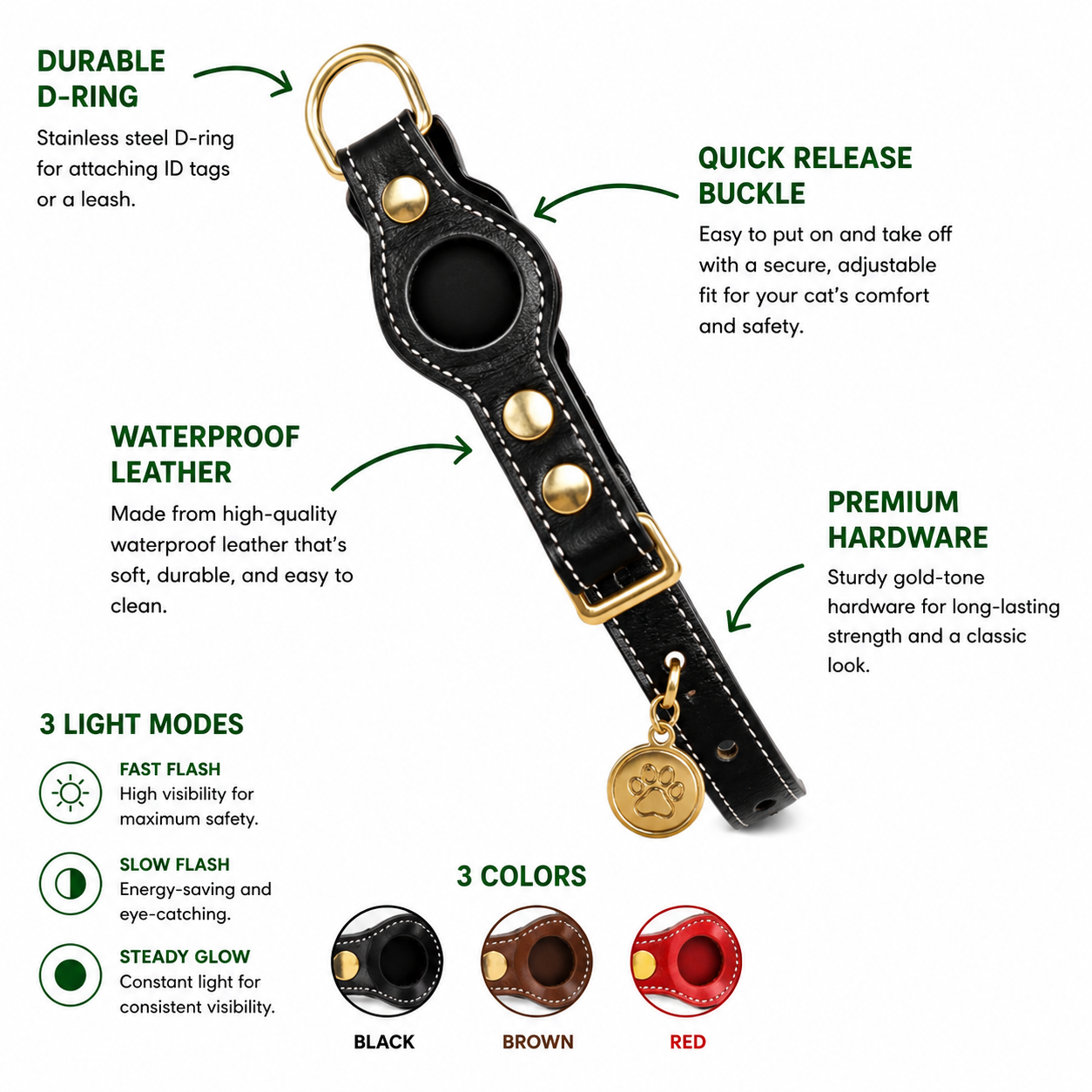 Luxury Leather Dog Collar with AirTag Pocket - Black