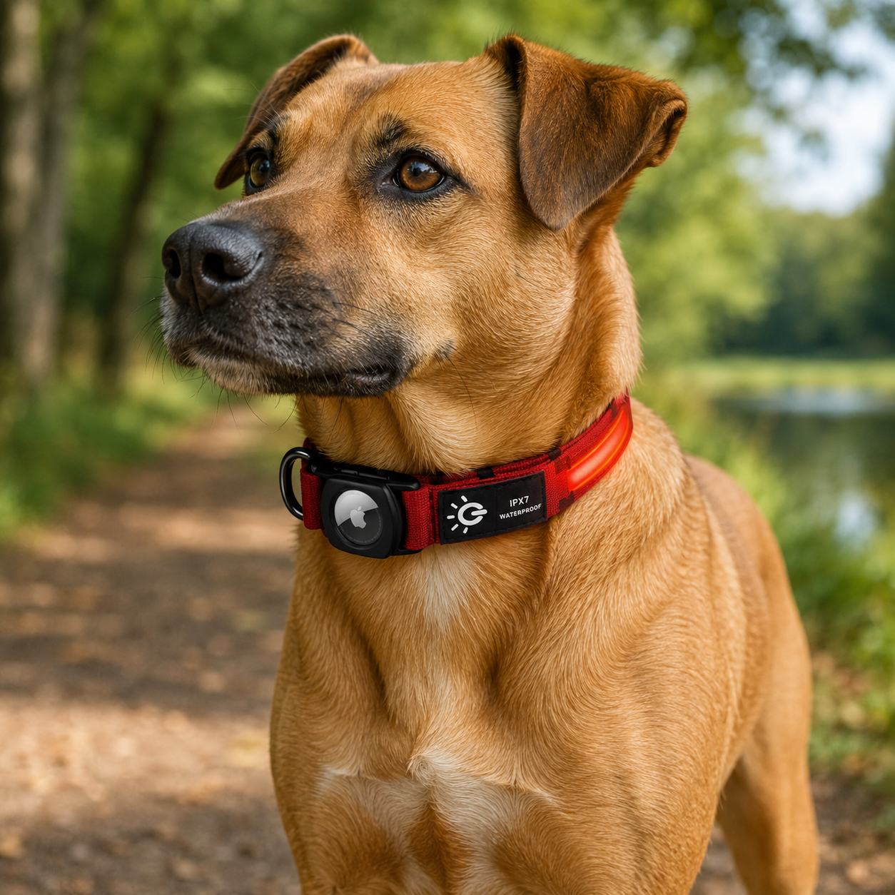 Dog wearing a red collar with a visible brand logo in a natural setting