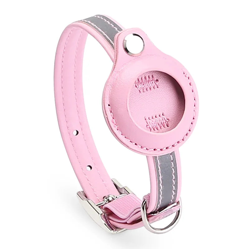 Pink Reflective Leather Cat Collar