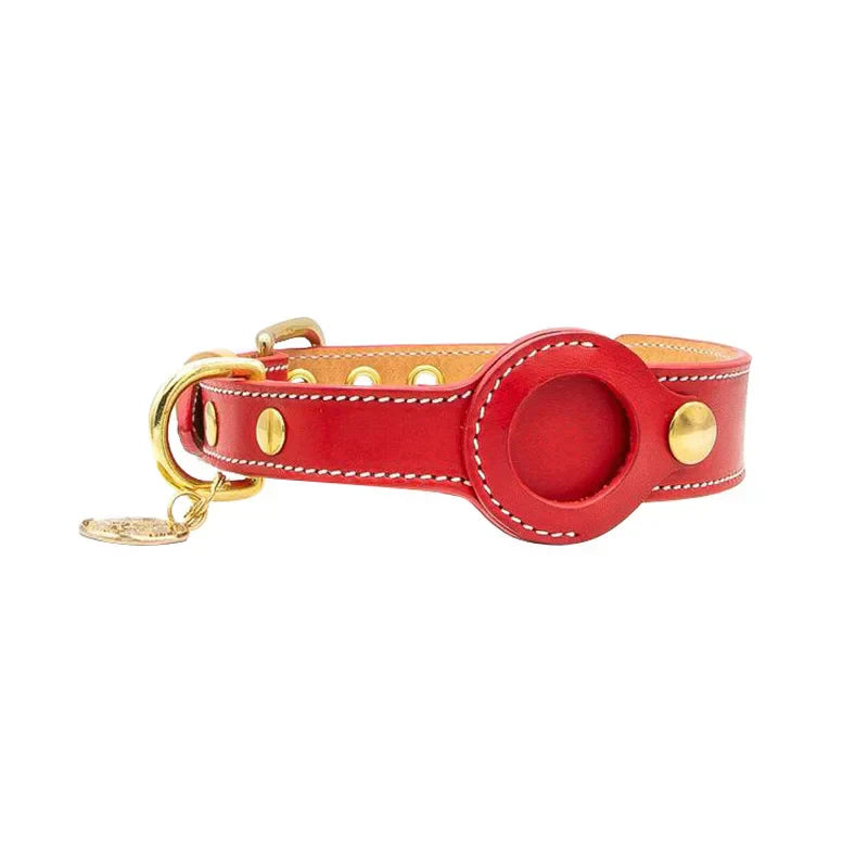 Luxury Red Leather Dog Collar with AirTag Pocket