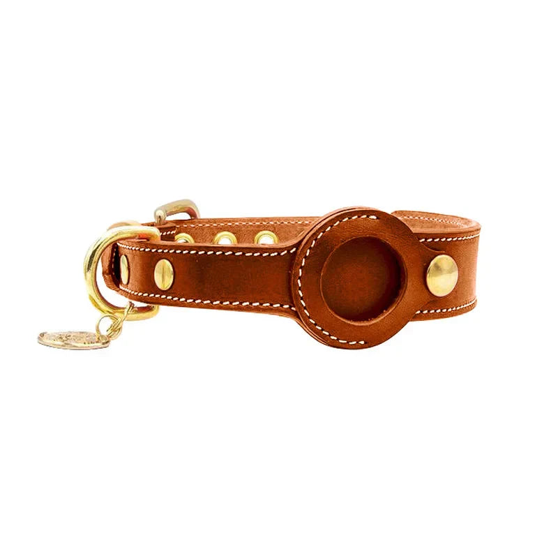 Luxury Leather Dog Collar with AirTag Pocket - Brown