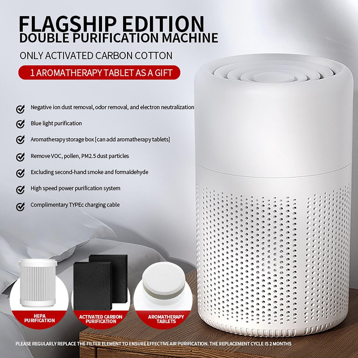 Air purifier - Home air purifier - With filter - Ultra quiet 37 dB - Portable air purifier - Eliminates pet dander, dust, mold, pollen, odors and smoke