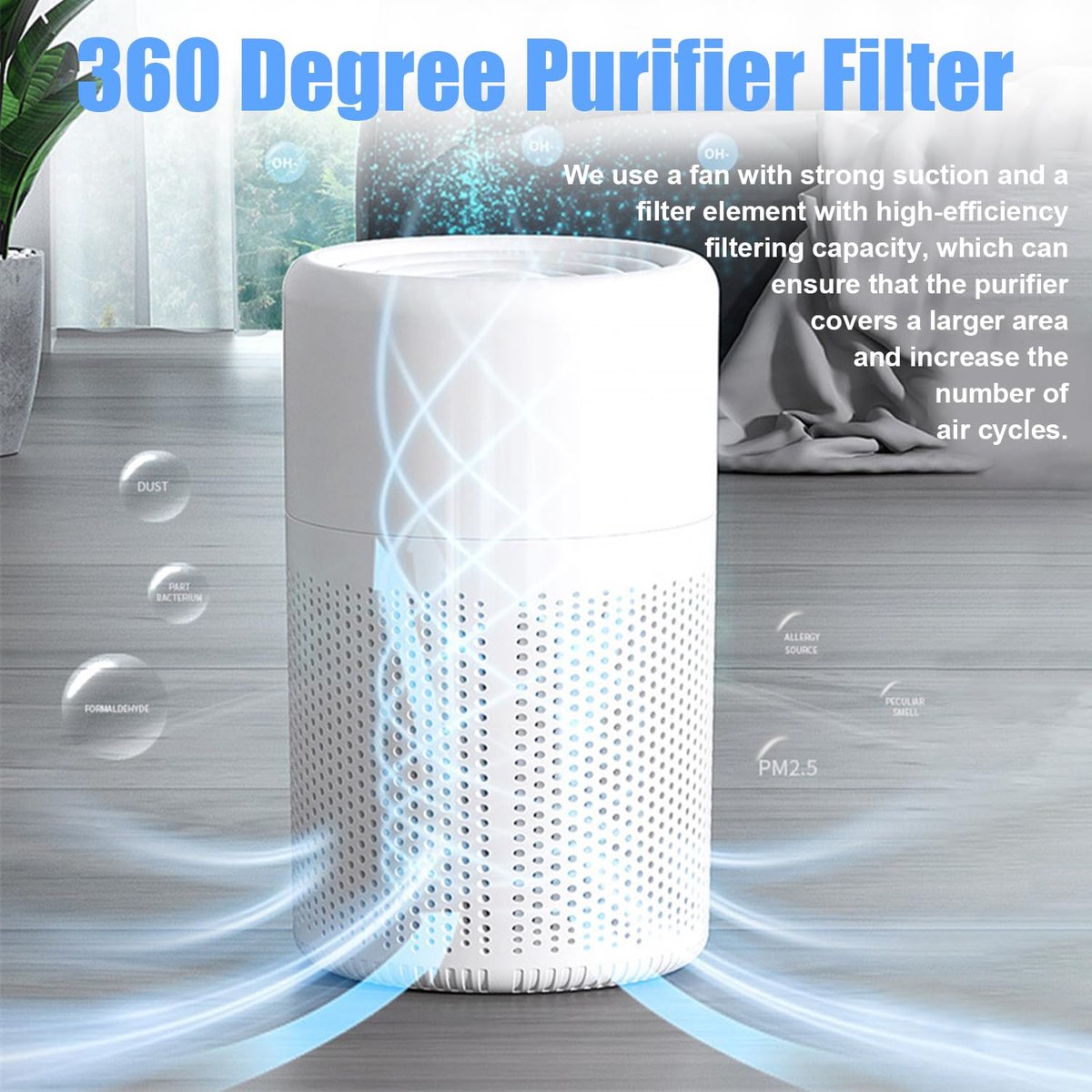 Air purifier - Home air purifier - With filter - Ultra quiet 37 dB - Portable air purifier - Eliminates pet dander, dust, mold, pollen, odors and smoke