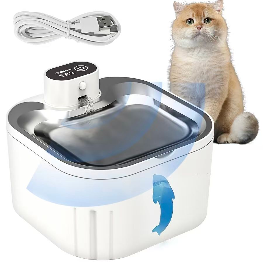 Water Fountain Waterer 3L/101oz, Wireless & USB Rechargeable Pet Water Fountain with Stainless Steel Lid, Smart Infrared Motion Sensor, Ultra Quiet, Easy Clean