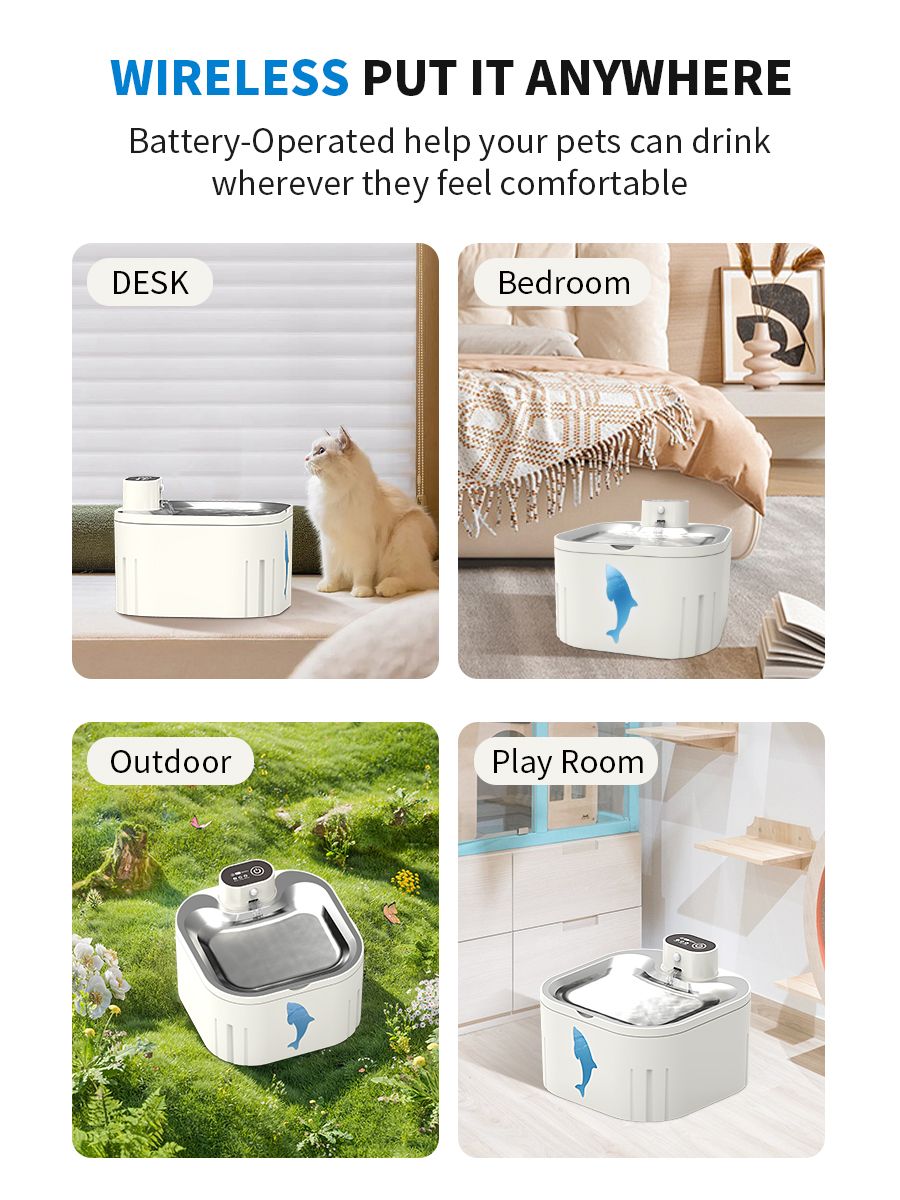 Water Fountain Waterer 3L/101oz, Wireless & USB Rechargeable Pet Water Fountain with Stainless Steel Lid, Smart Infrared Motion Sensor, Ultra Quiet, Easy Clean