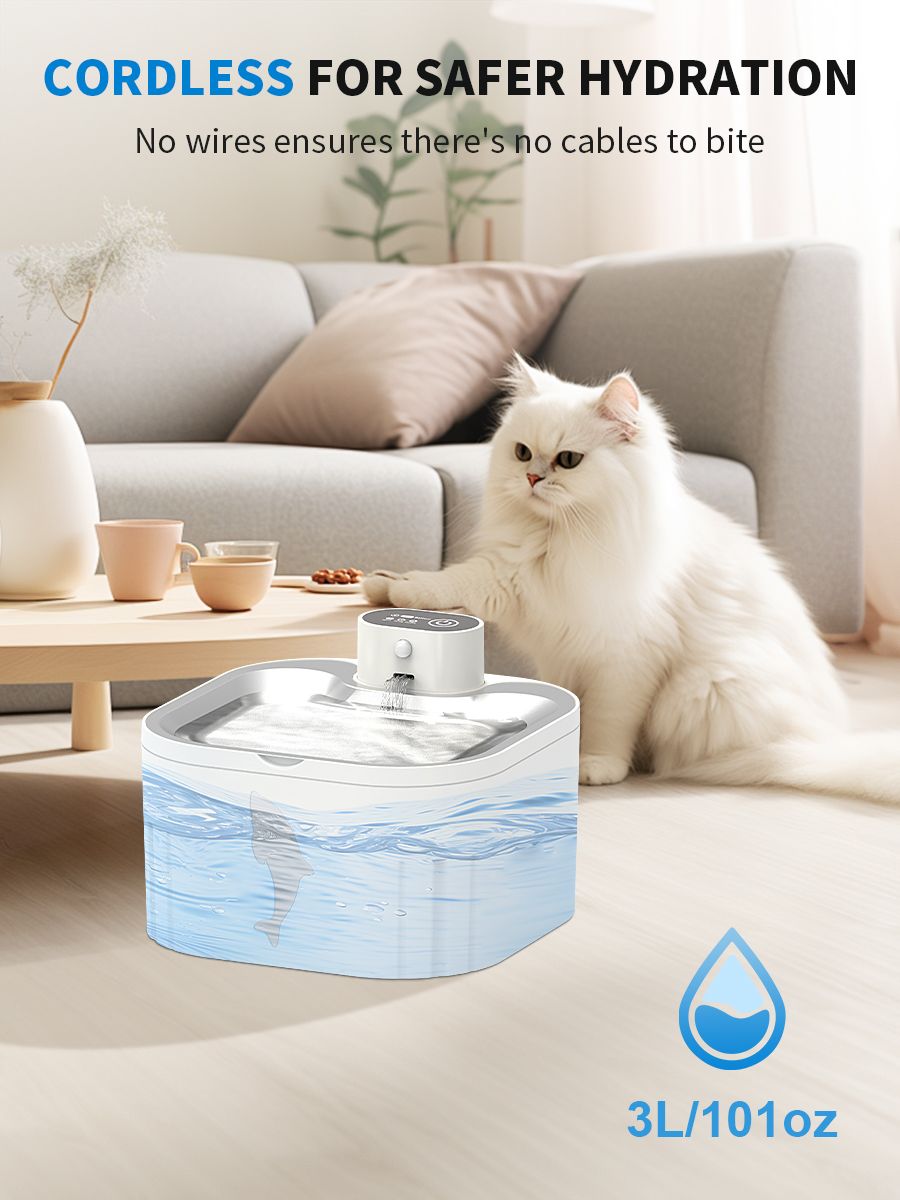 Water Fountain Waterer 3L/101oz, Wireless & USB Rechargeable Pet Water Fountain with Stainless Steel Lid, Smart Infrared Motion Sensor, Ultra Quiet, Easy Clean