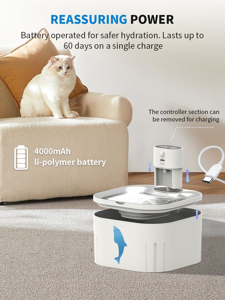 Water Fountain Waterer 3L/101oz, Wireless & USB Rechargeable Pet Water Fountain with Stainless Steel Lid, Smart Infrared Motion Sensor, Ultra Quiet, Easy Clean