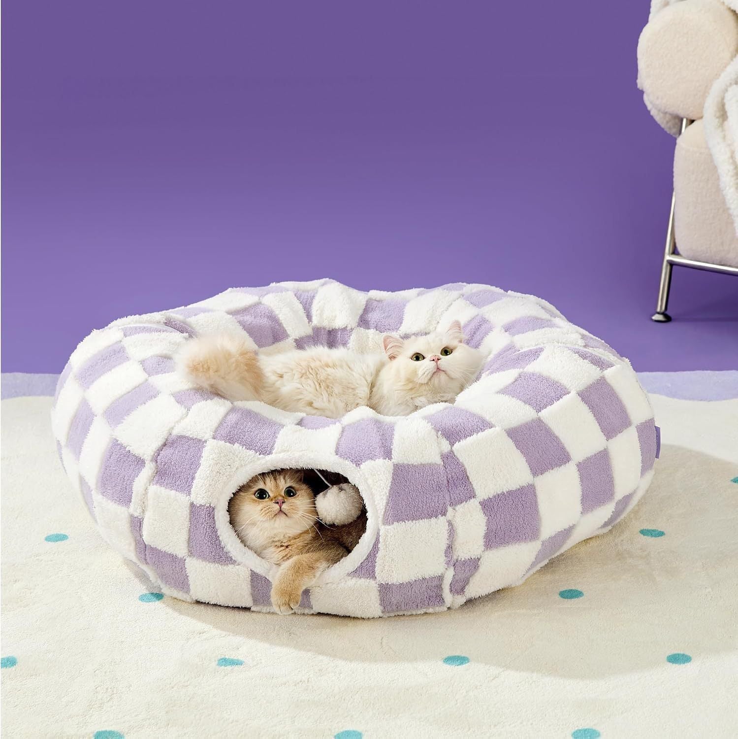2-in-1 Plush Donut Cat Tunnel Bed, Checkered Pattern Pet Cave with Interactive Hanging Ball, Non-Slip Bottom, Foldable Design for Indoor Cats and Kittens (Blue)